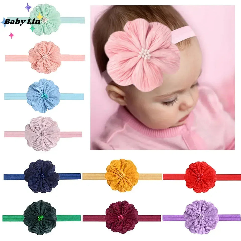 1pcs 0-2Y Baby Elastic Flower Headband for Girls Handmade Solid Color Hairband Pearl Double Layer Bloom Hair Accessories Gifts