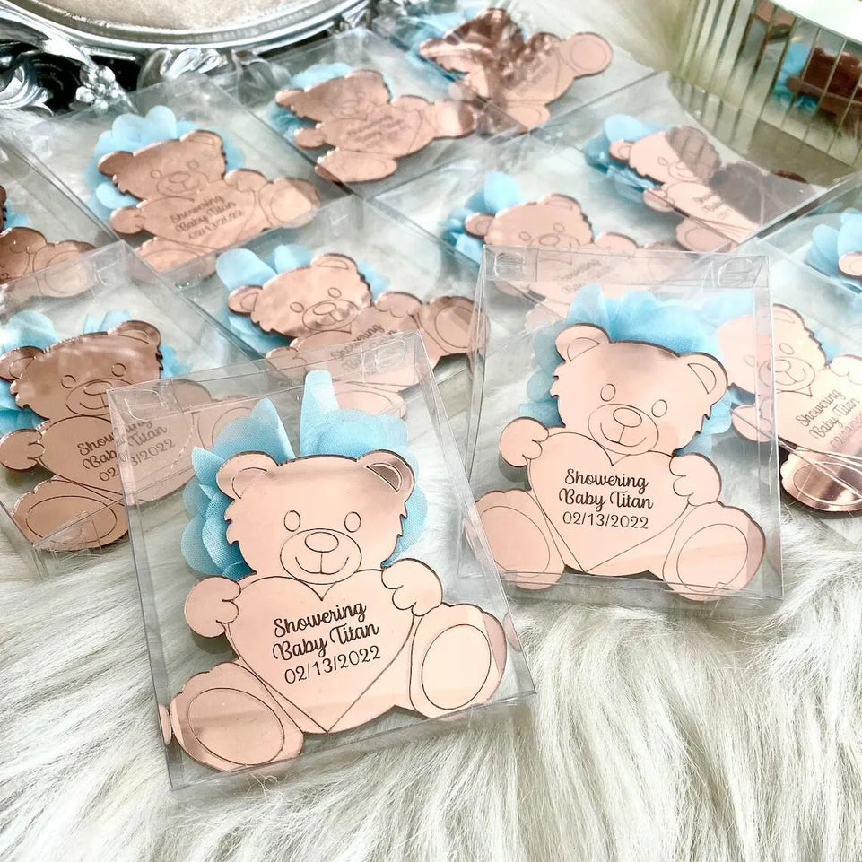 50Pcs Personalized Bear Tags Engraved Baby Name Date Baby Shower Custom Princess Party First Communion Favors Tags Decor Gifts