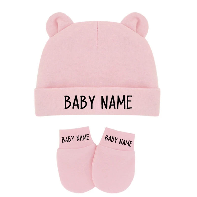 Personalized Newborn Baby Beanie Cute Baby Name Hat and Gloves with Ears Cotton Stretch Boys Girls Warm Hat Gloves Shower Gift