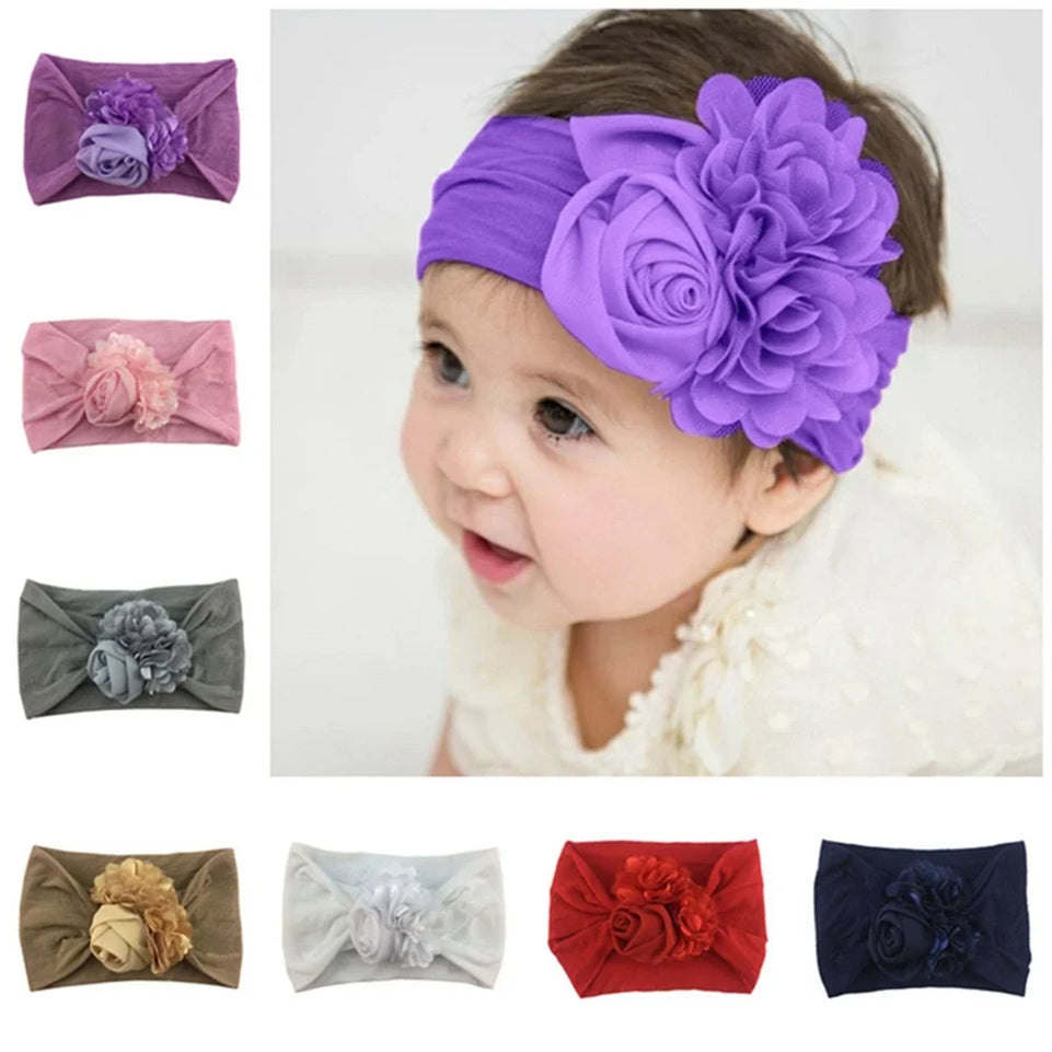 Fashion Baby Girls Chiffon Flower Knit Headband Infant Nylon Wide Hairband Kids Rose Headwear Newborn Birthday Gifts Photo Props